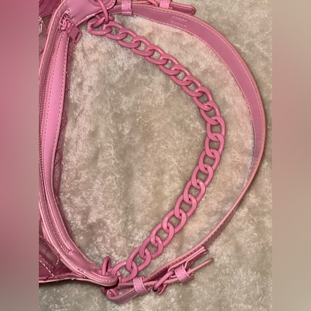 Steve Madden Clear Bubble Gum Pink Quilted Shoulder Crossbody Bag Matching Chain - Picture 9 of 16